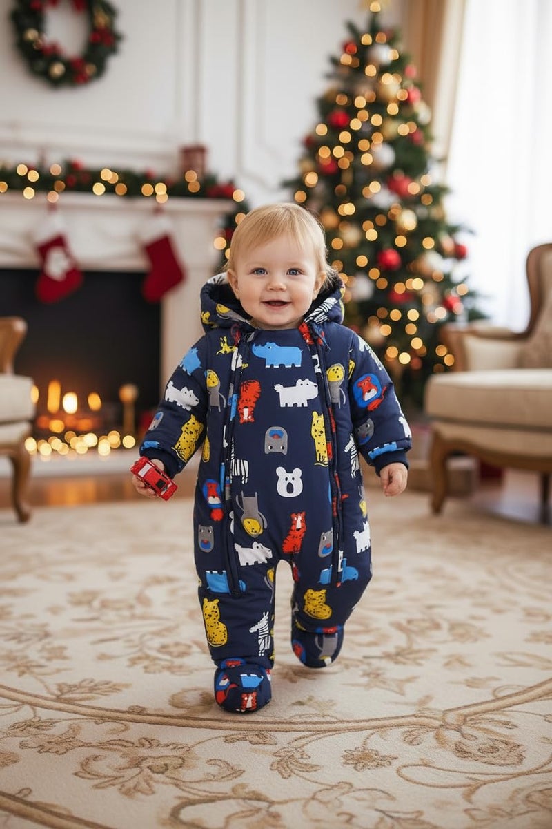 JiAmy Baby Snowsuit Baby Boys Girls Winter Hooded Clothes with Gloves Booties Toddler Cotton Jumpsuit Navy Blue 9-12 Months - Image 3